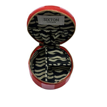 Load image into Gallery viewer, Jewellery travel pot in pink stripe with bow brooch