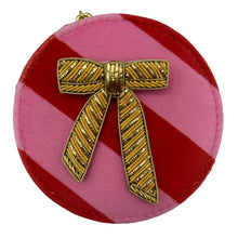 Load image into Gallery viewer, Jewellery travel pot in pink stripe with bow brooch