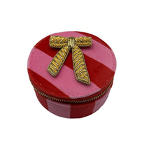 Load image into Gallery viewer, Jewellery travel pot in pink stripe with bow brooch