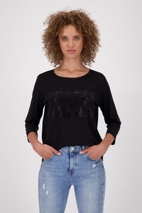 Rhinestones Logo 3/4 Sleeve Top - Black