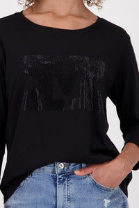 Rhinestones Logo 3/4 Sleeve Top - Black