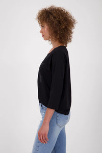 Rhinestones Logo 3/4 Sleeve Top - Black