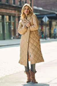Quilted Midi Coat with Button Detail - Cognac