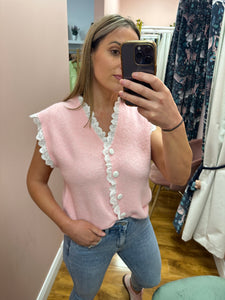 Pastel Pink Knitted Waistcoat with Lace Trim