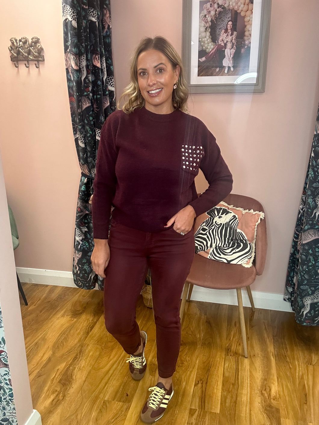 Crew Neck Jumper with Studded Pocket - Burgundy