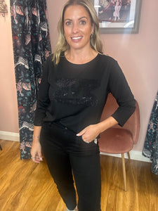 Rhinestones Logo 3/4 Sleeve Top - Black
