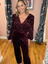 Load image into Gallery viewer, Sequin &amp; Velvet Jumpsuit - Burgundy
