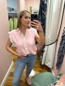 Pastel Pink Knitted Waistcoat with Lace Trim