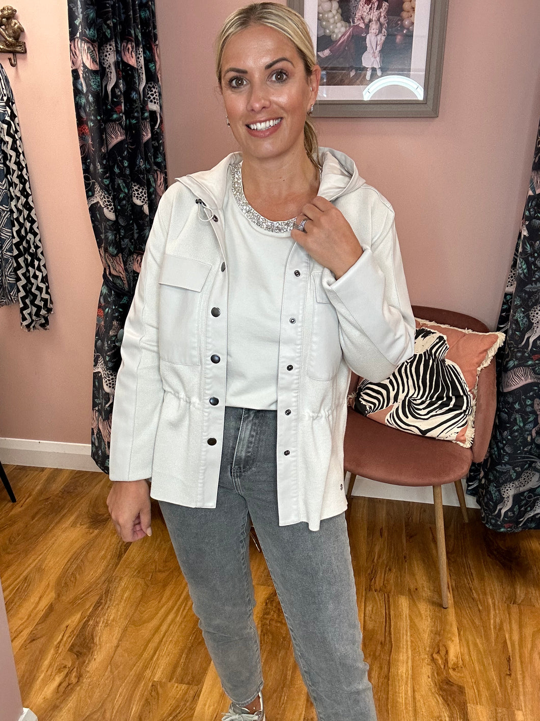 Mixed Fabric Jacket With Hood - Oatmilk