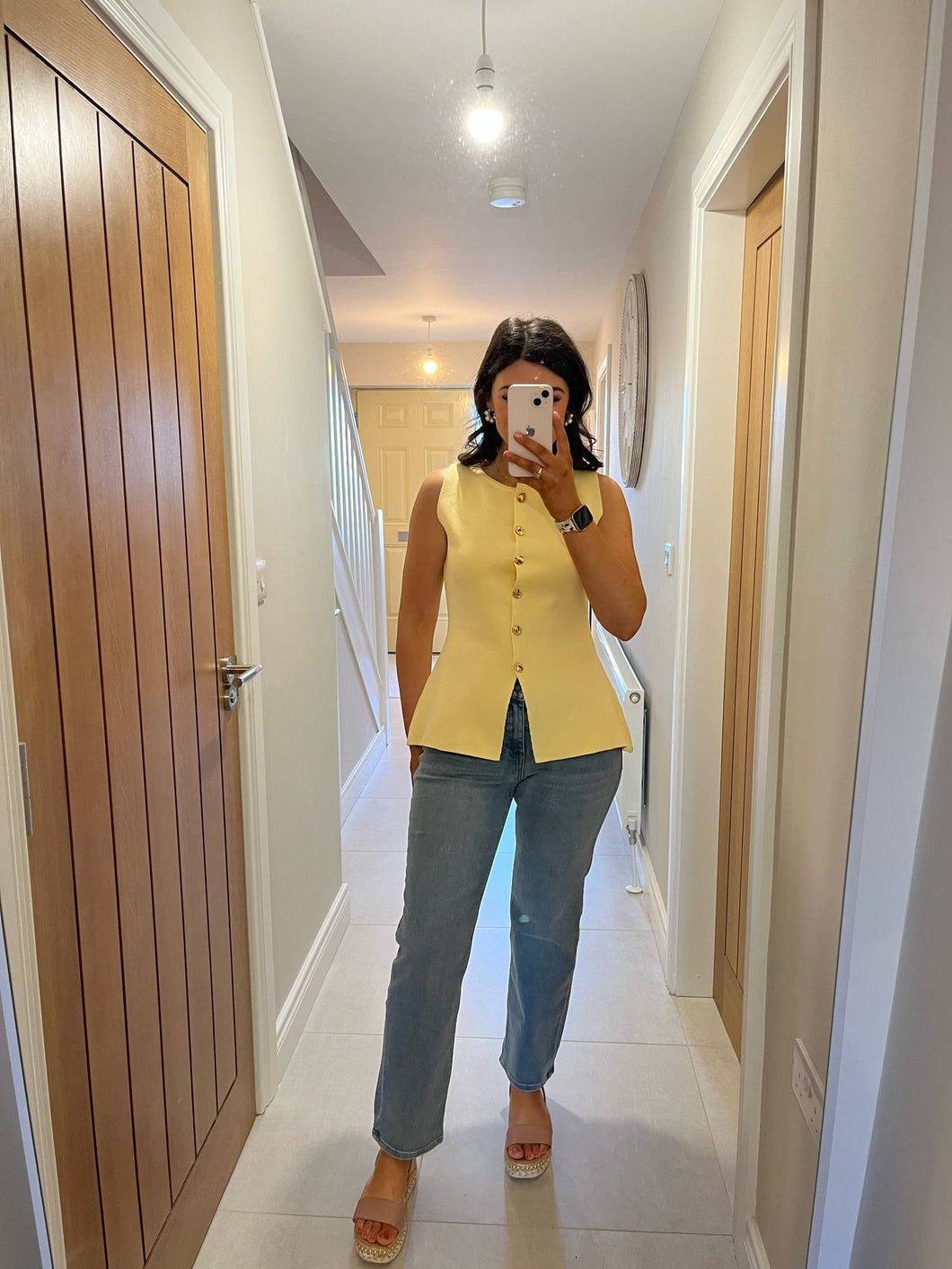 Lemon Knitted Peplum Waistcoat with Gold Buttons