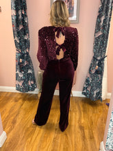 Load image into Gallery viewer, Sequin &amp; Velvet Jumpsuit - Burgundy
