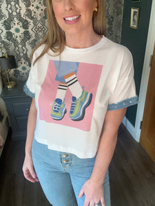Trainer Graphic Tee with Denim Trim and Embellishment
