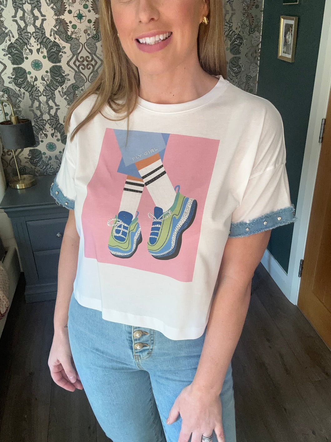 Trainer Graphic Tee with Denim Trim and Embellishment