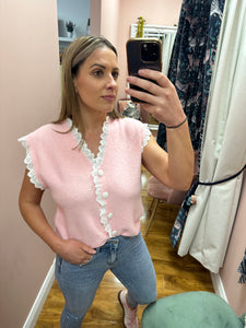 Pastel Pink Knitted Waistcoat with Lace Trim