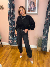 Load image into Gallery viewer, Animal Print &amp; Rhinestone Embellished Barrel Jeans - Black
