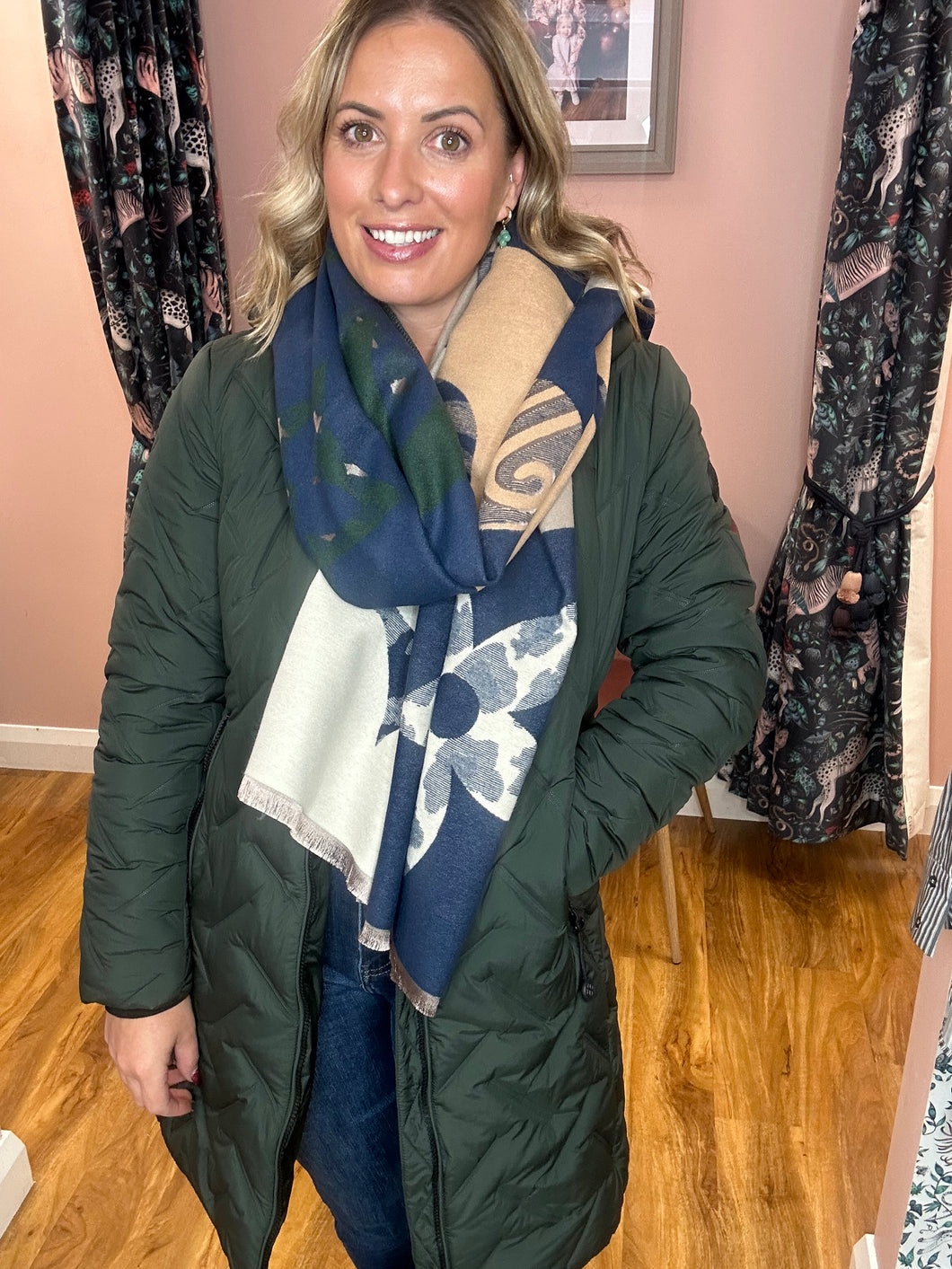 Designer Inspired Scarf - Camel/Navy/Green