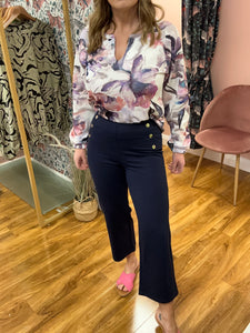 Navy Ponte Cullotte With Button Feature