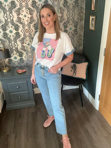Light Denim Straight Leg Jeans With Decorative Buttons