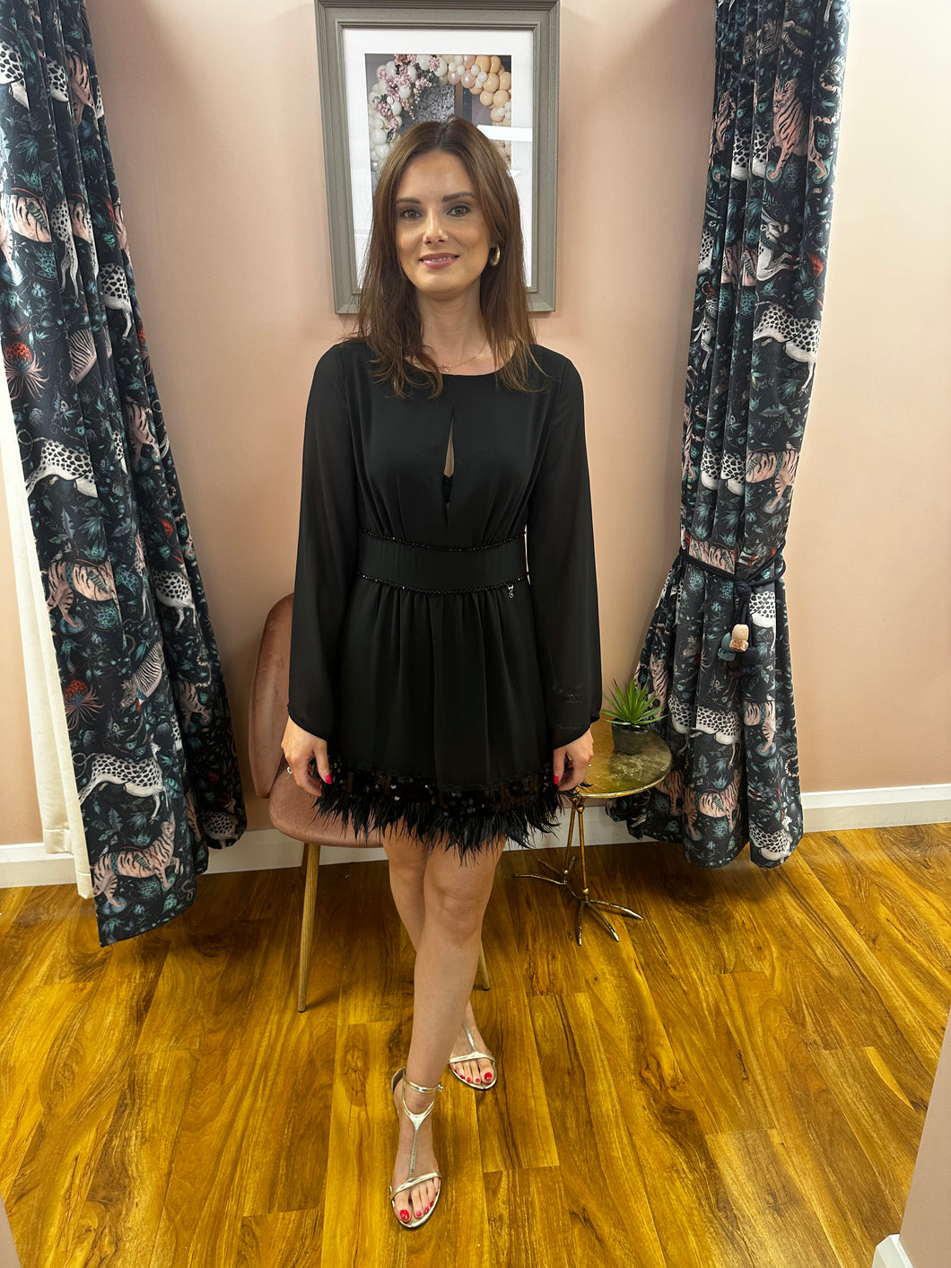 Goa Goa Gio Black Dress with Feather Trim