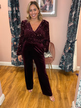 Load image into Gallery viewer, Sequin &amp; Velvet Jumpsuit - Burgundy
