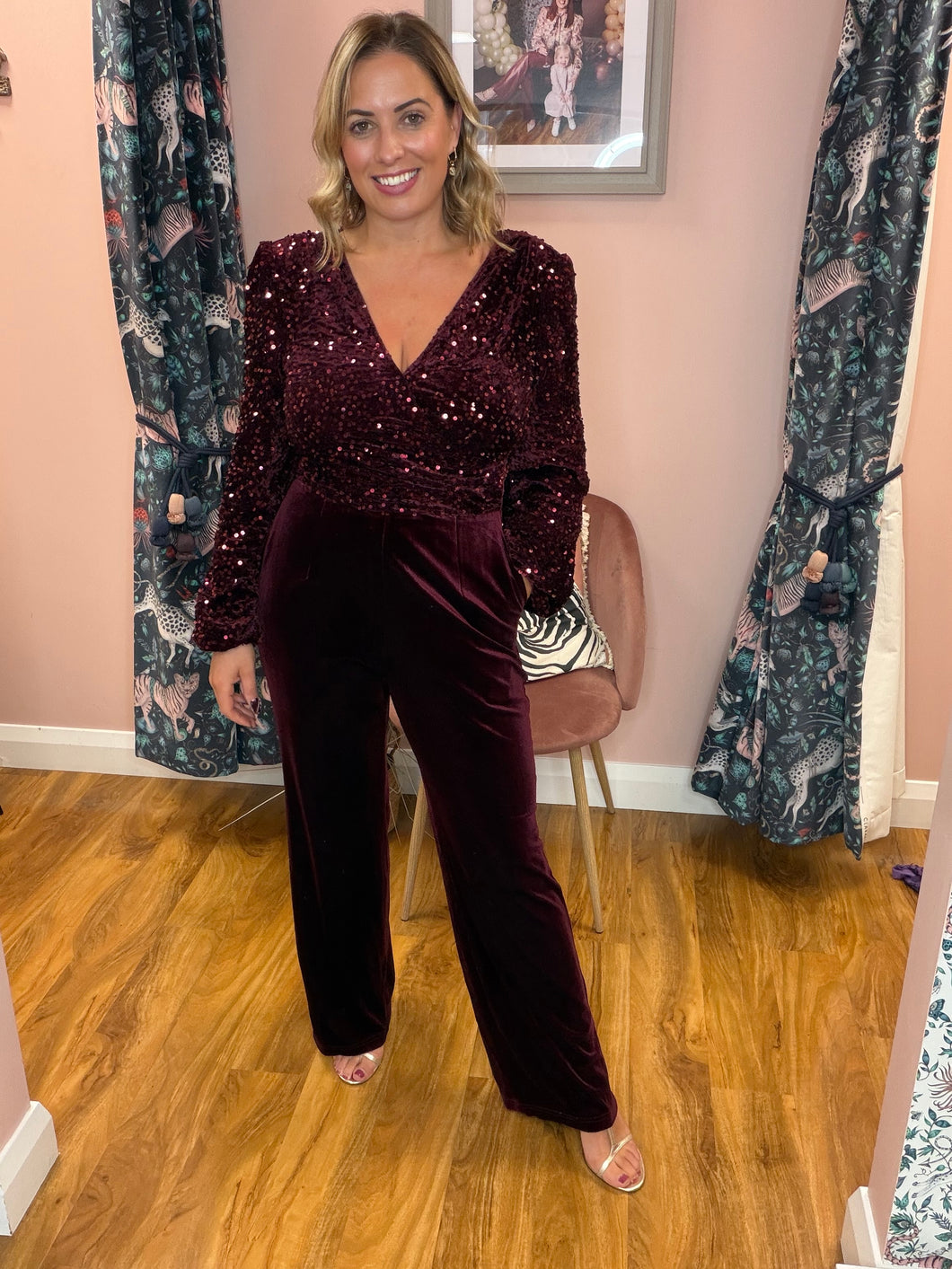 Sequin & Velvet Jumpsuit - Burgundy