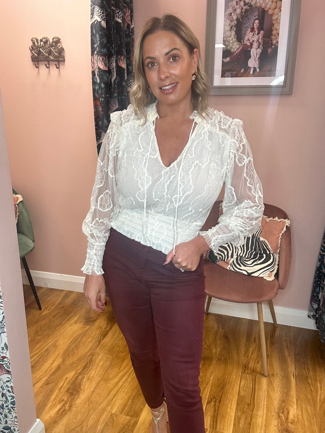 Smocked V-Neck Blouse - cream