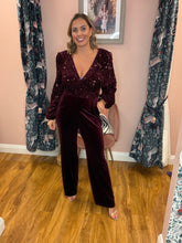 Load image into Gallery viewer, Sequin &amp; Velvet Jumpsuit - Burgundy

