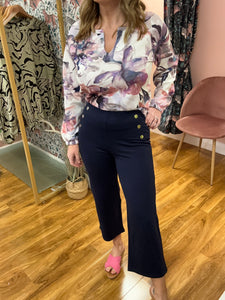 Navy Ponte Cullotte With Button Feature