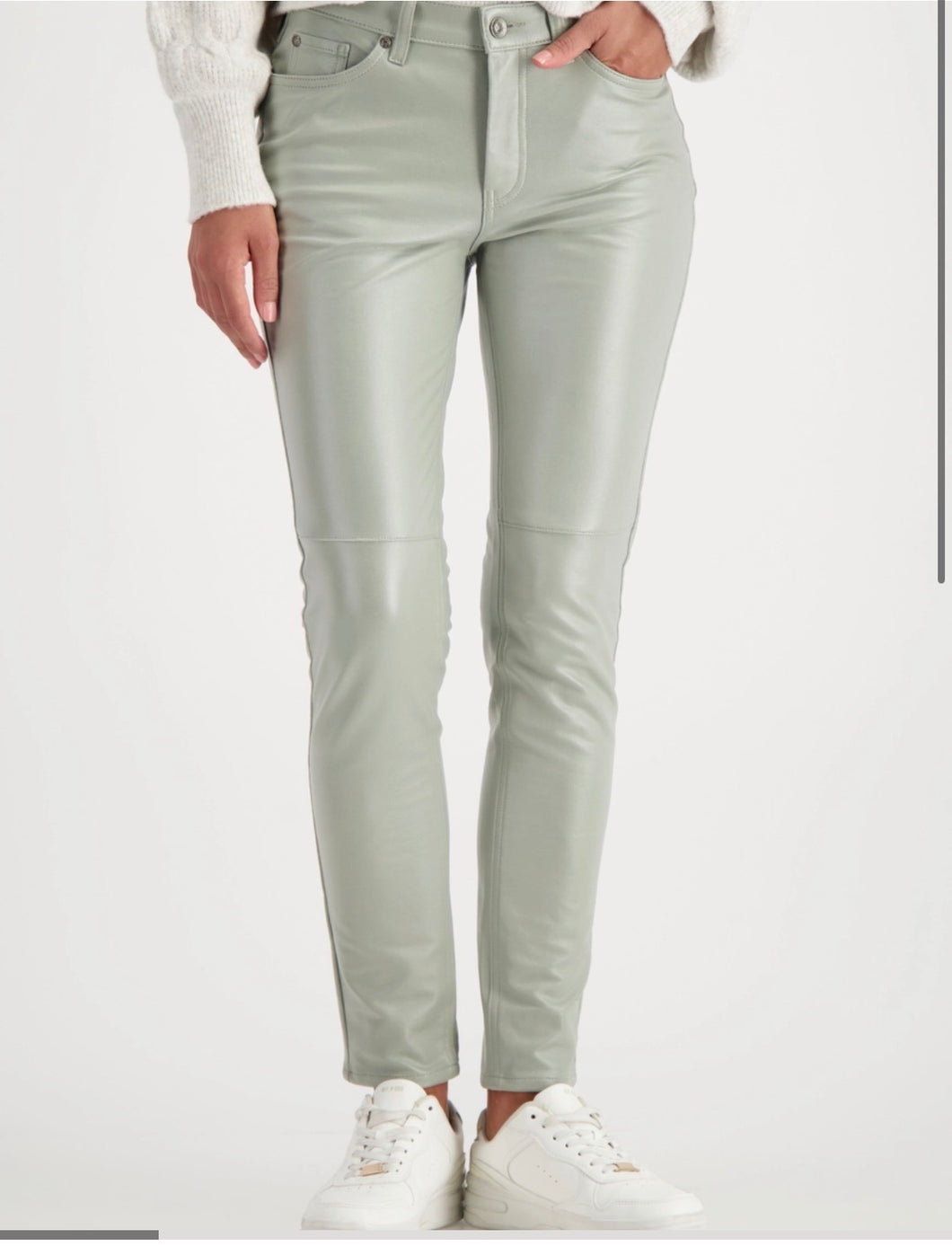 Leather Look Slim Trousers - Sage