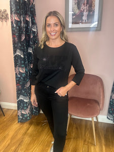 Rhinestones Logo 3/4 Sleeve Top - Black