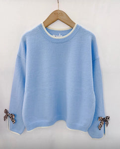 Pre-Order Blue Jumper with Leopard Bows