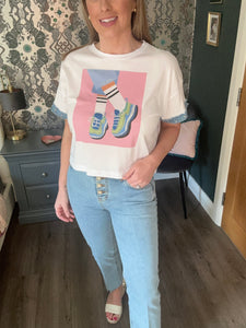 Trainer Graphic Tee with Denim Trim and Embellishment