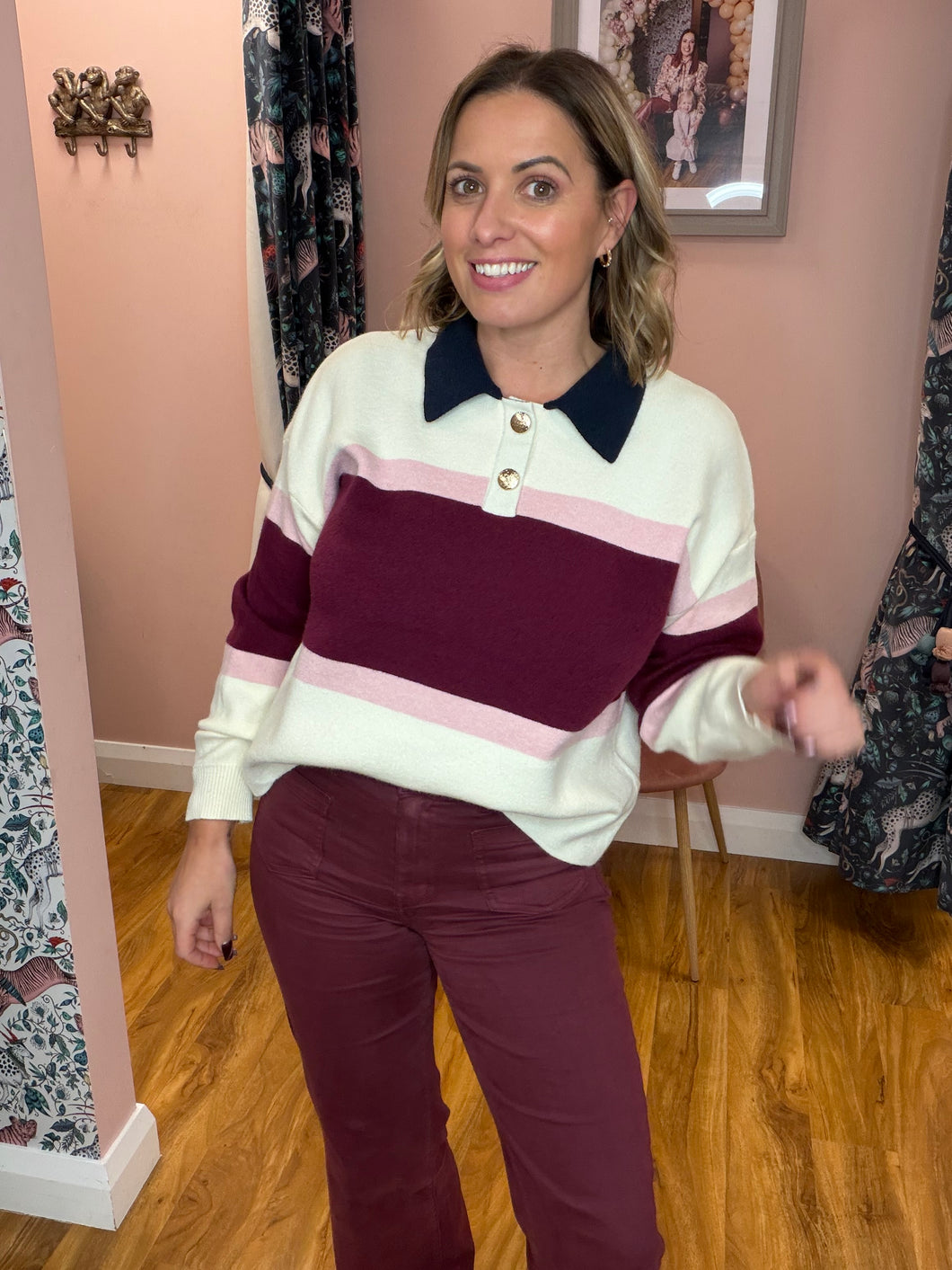 Knitted Polo Jumper - Burgundy/Cream