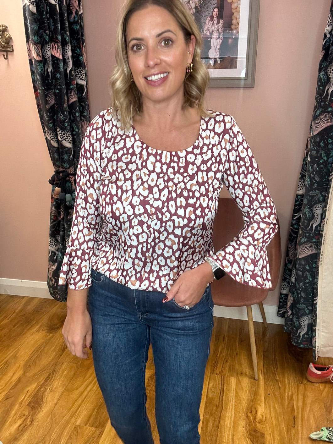 Leopard Round Neck Top - Wine