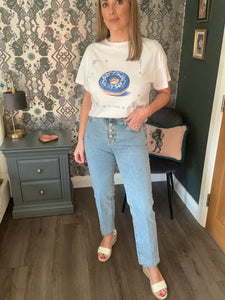 Light Denim Straight Leg Jeans With Decorative Buttons