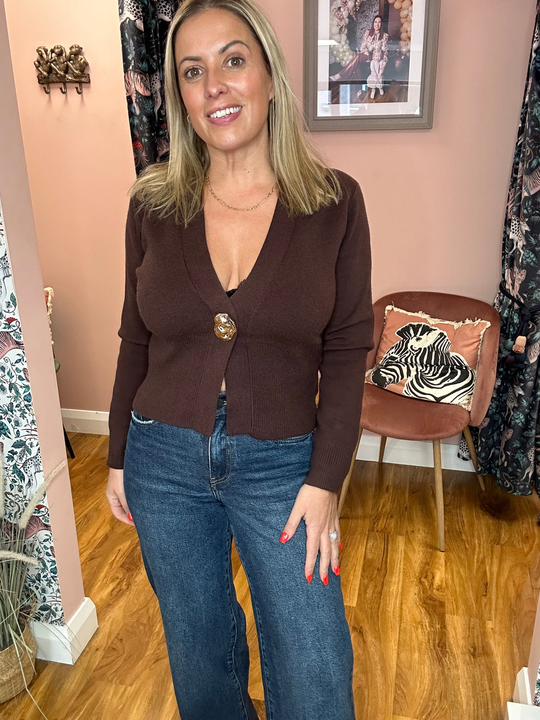 One Button Cardigan - Brown