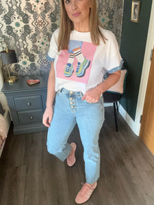 Trainer Graphic Tee with Denim Trim and Embellishment