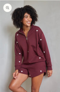 Heart embroidered Half Zip - Burgundy