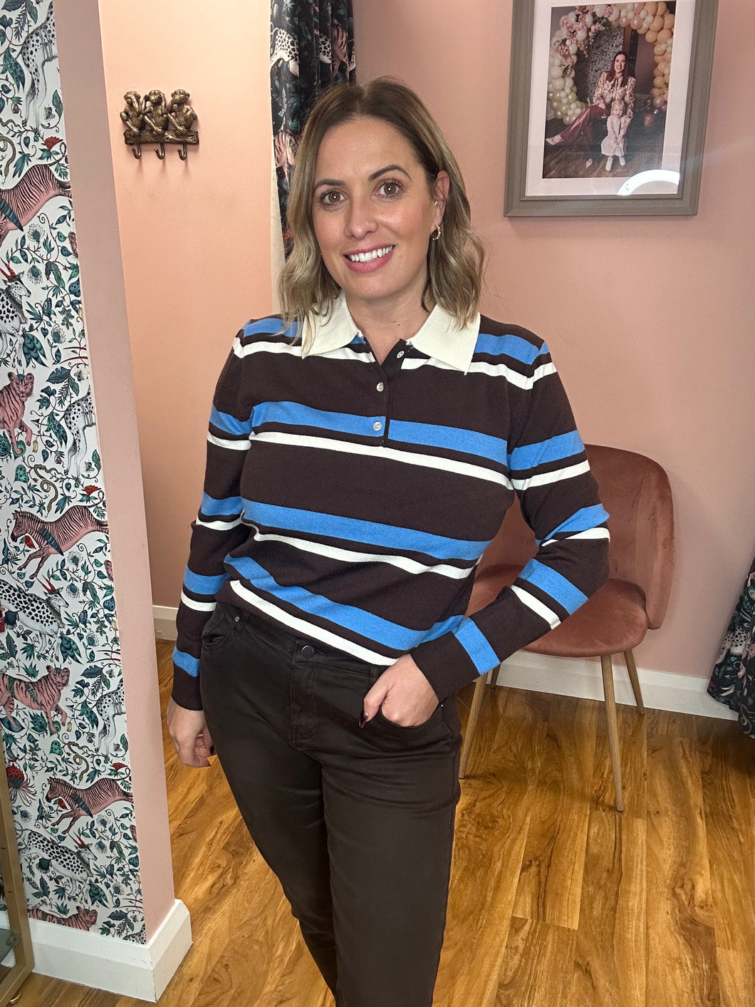 Knitted Polo Top - Brown/Blue
