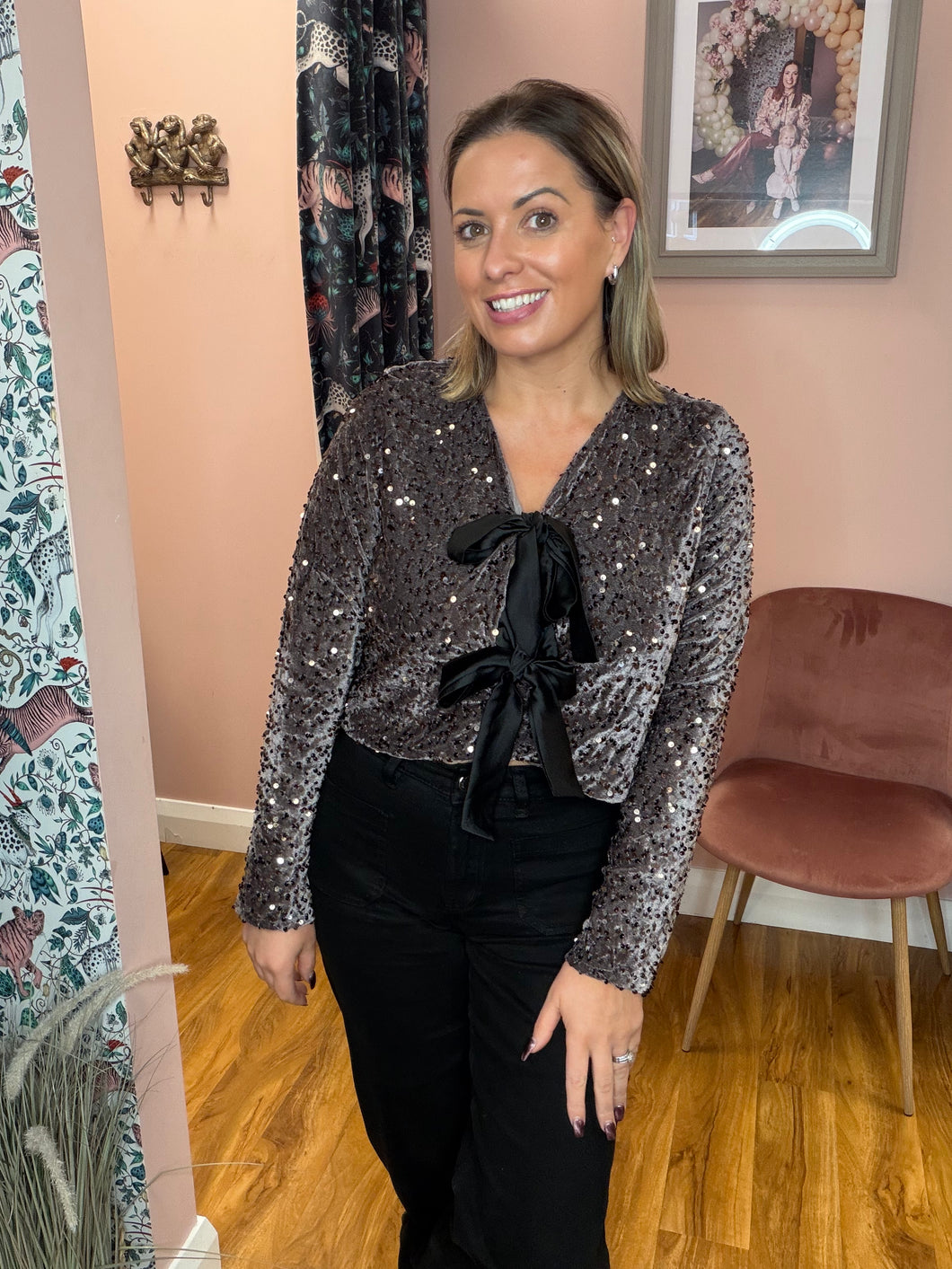 Sequins Bow Top - Brown