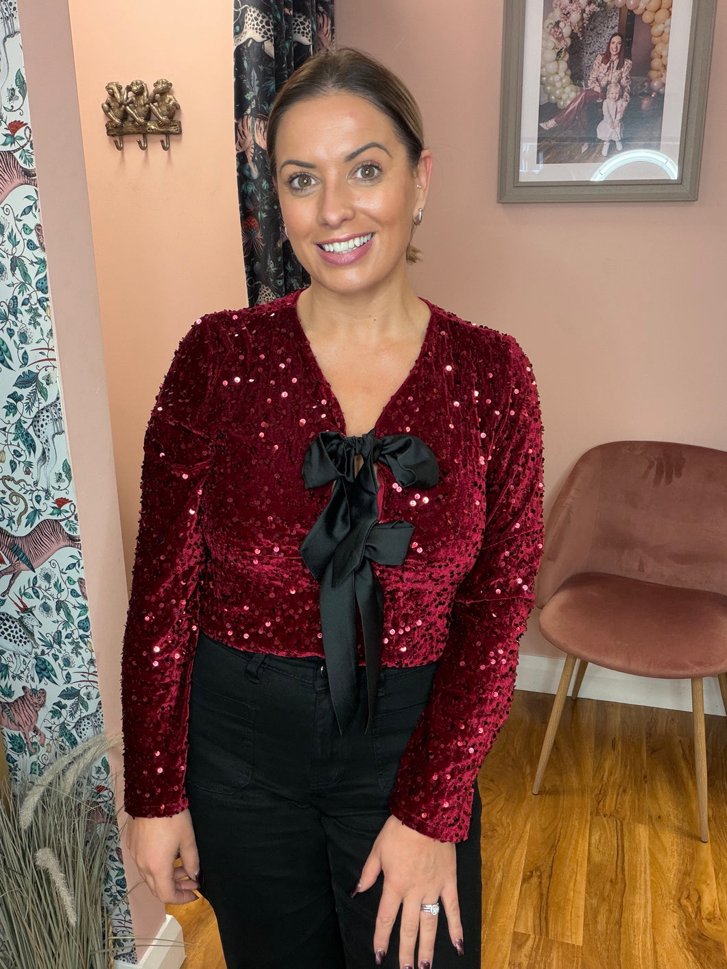 Sequins Bow Top - Burgundy