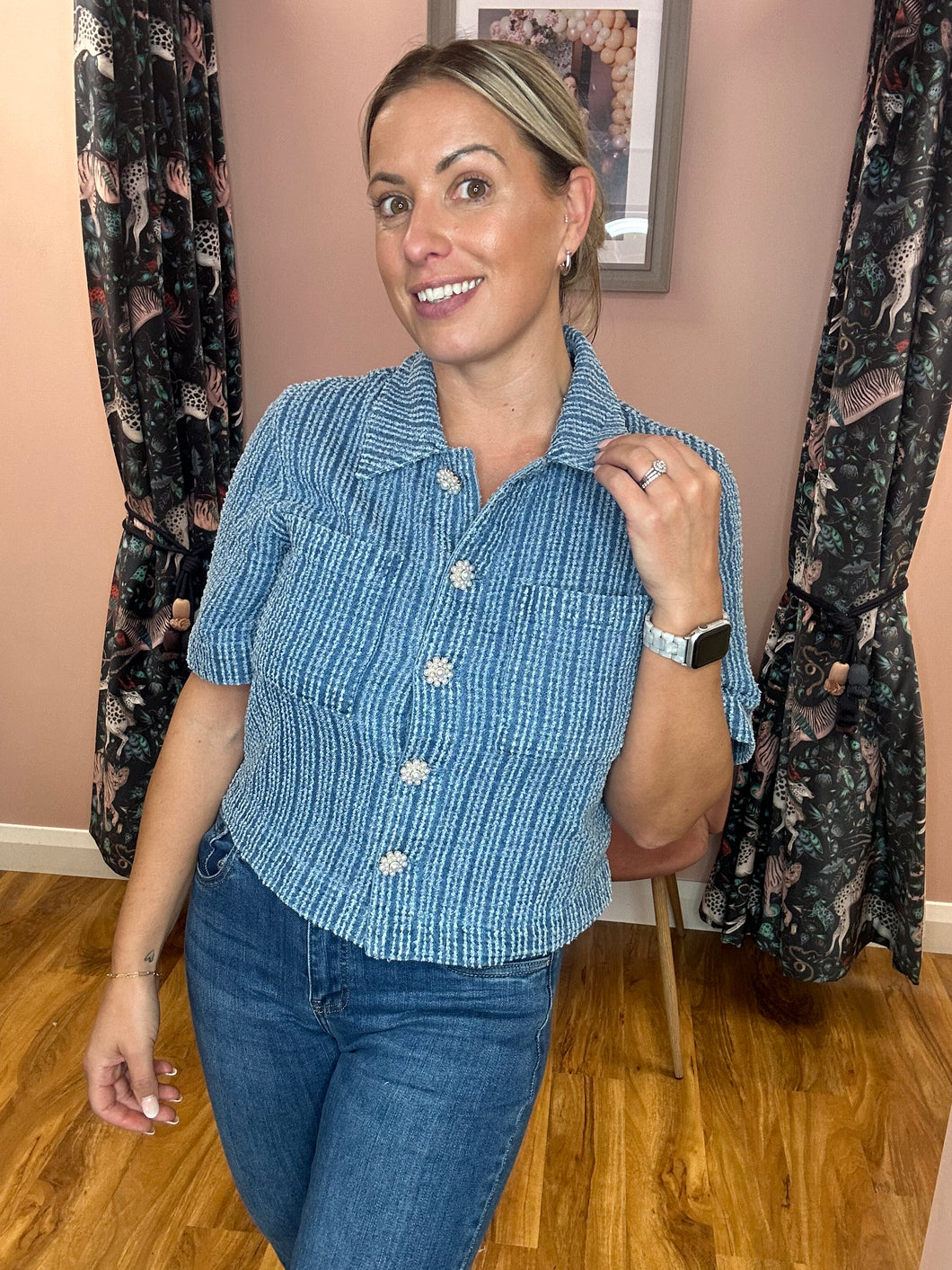 PCMaba Denim Top with Decorative Buttons