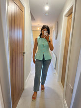 Load image into Gallery viewer, Mint Knitted Peplum Waistcoat with Gold Buttons
