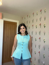 Load image into Gallery viewer, Mint Knitted Peplum Waistcoat with Gold Buttons
