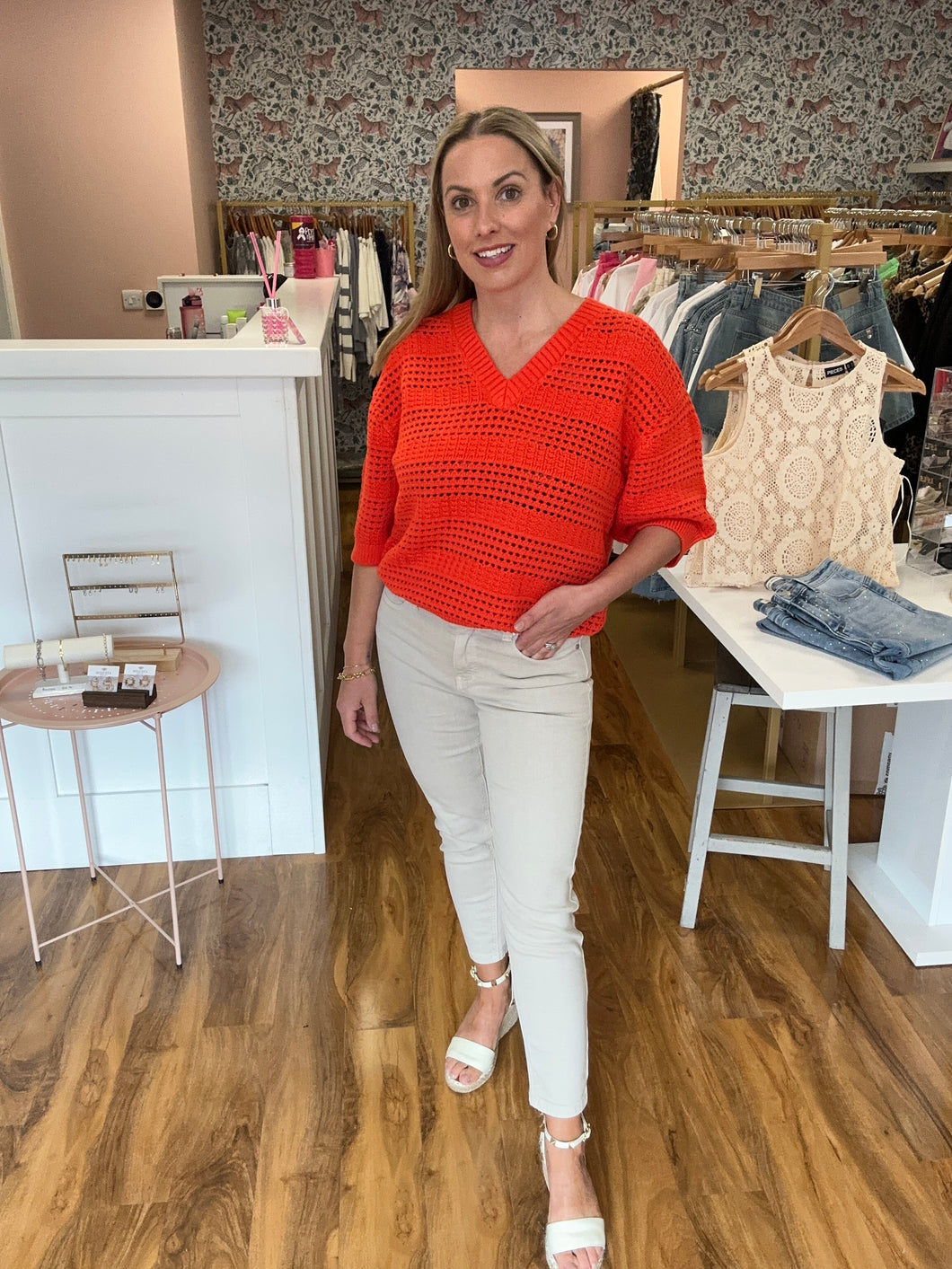Kateresa V-Neck Open Knit Jumper- Grenadine