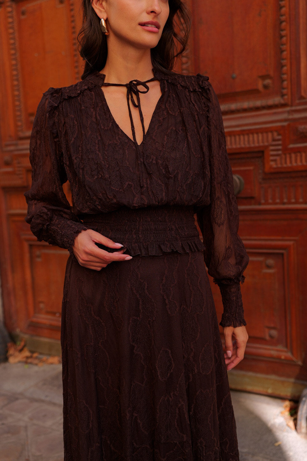 Smocked V-Neck Blouse - Chocolate Brown
