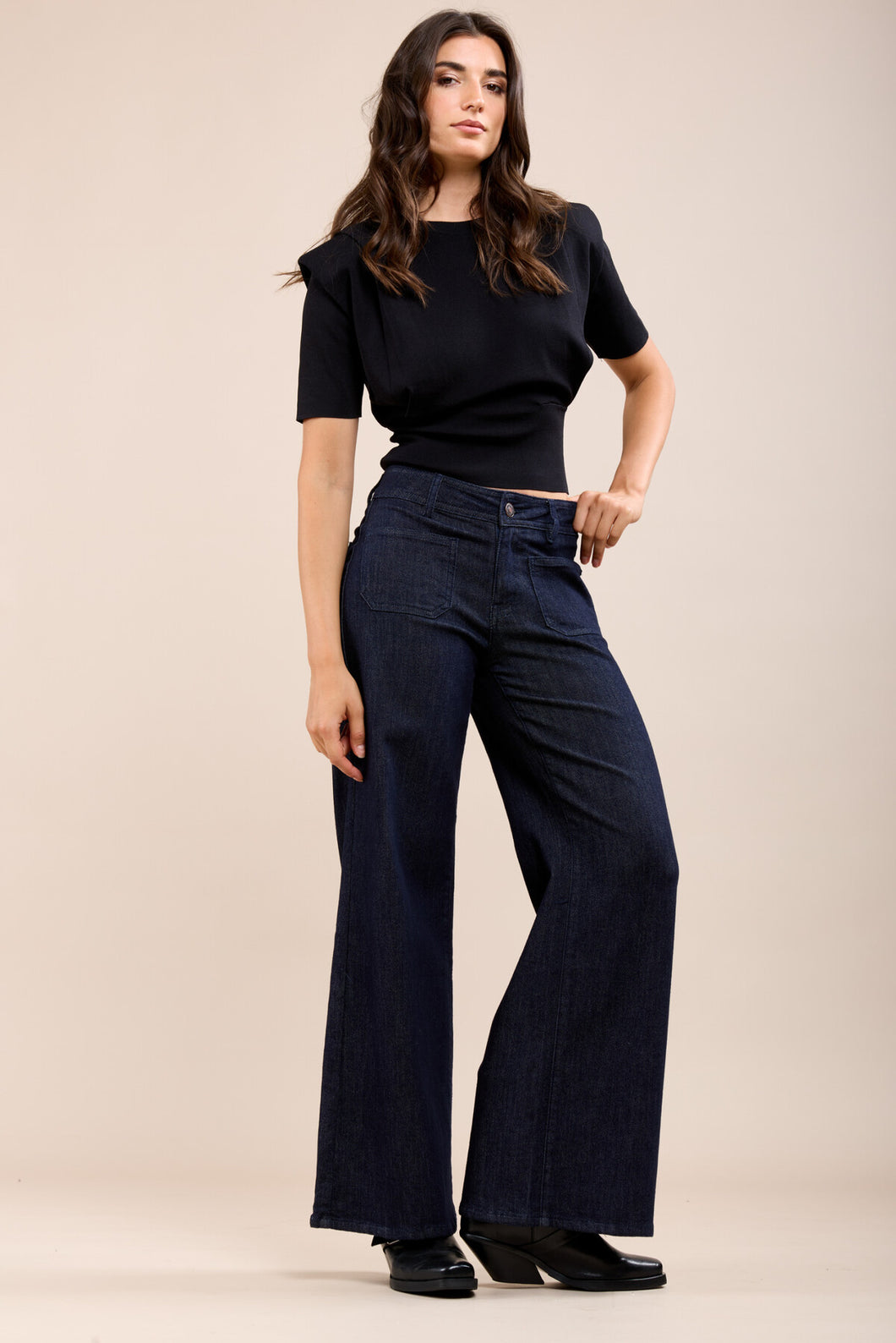 Wide Jeans With Patch Pockets - Dark Denim